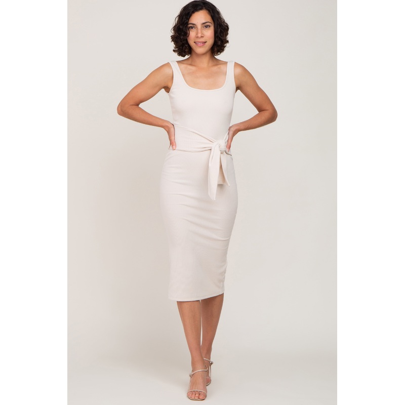 Beige Brushed Ribbed Front Tie Midi Dress