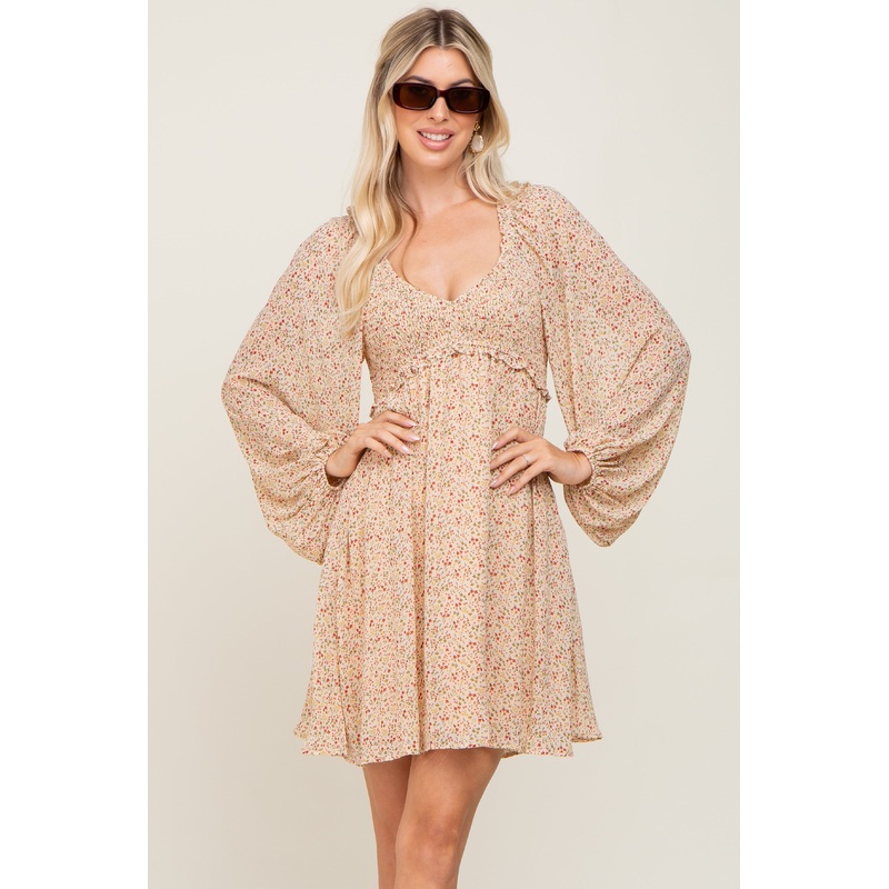 Beige Ditsy Floral Chiffon Smocked Dress