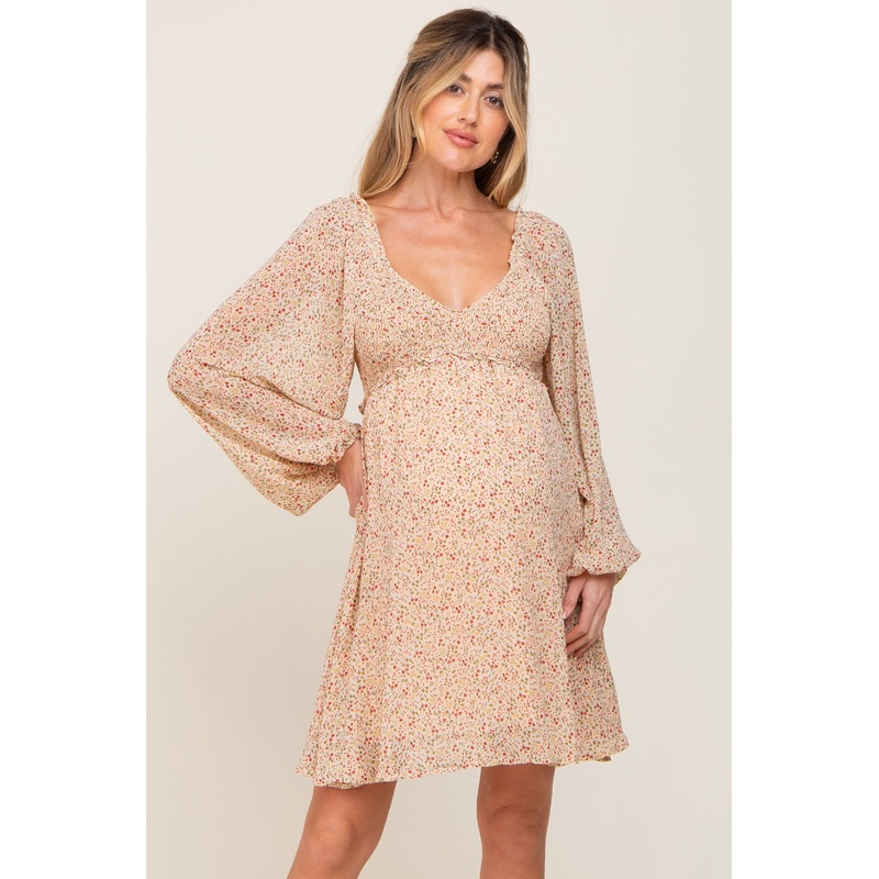 Beige Ditsy Floral Chiffon Smocked Maternity Dress