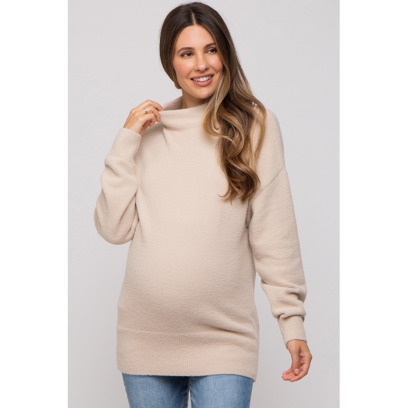 Beige Fuzzy Knit Mock Neck Maternity Sweater