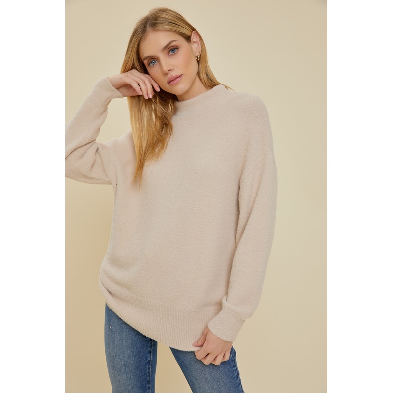 Beige Fuzzy Knit Mock Neck Sweater