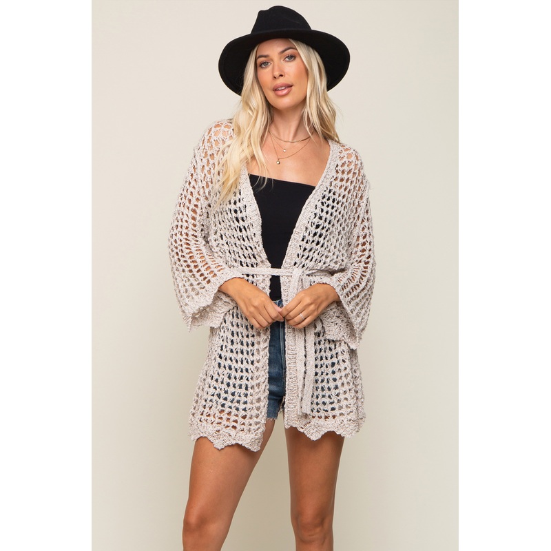 Beige Open Knit Waist Tie Cardigan