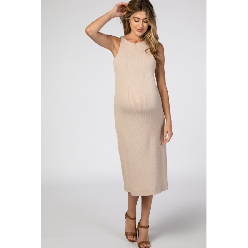 Beige Ribbed Side Slit Maternity Midi Dress
