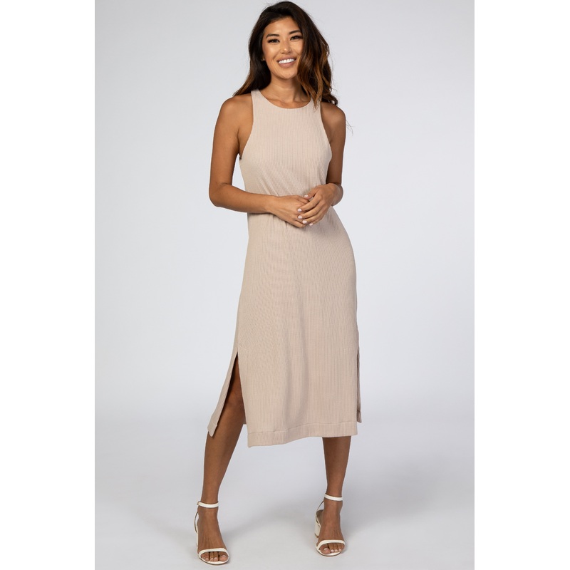 Beige Ribbed Side Slit Midi Dress