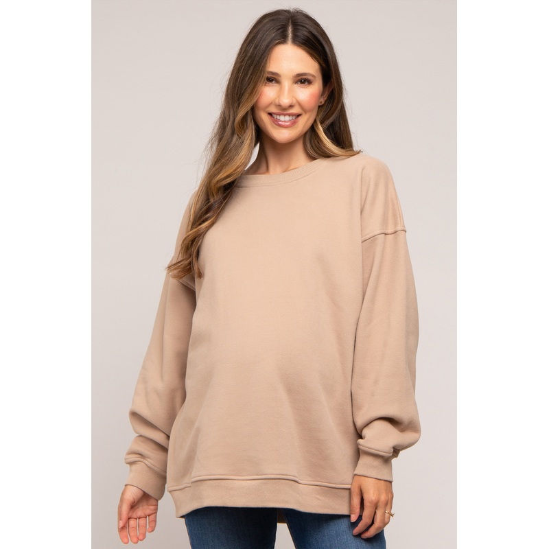 Beige Soft Knit Fleece Lined Maternity Sweatshirt