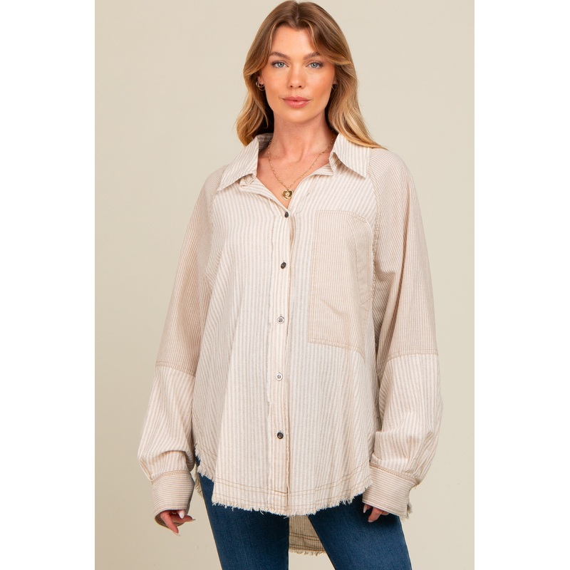 Beige Striped Button Down Oversized Long Sleeve Maternity Top