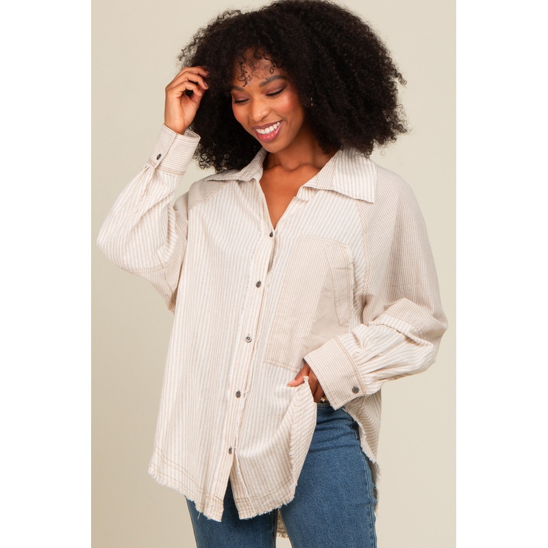 Beige Striped Button Down Oversized Long Sleeve Top