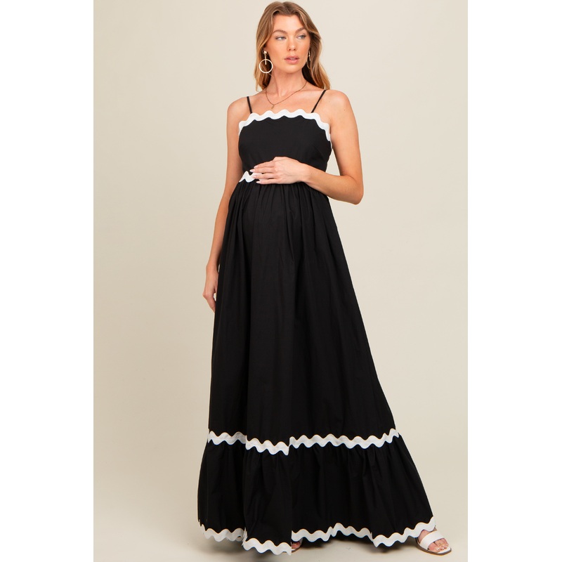 Black Contrast Wavy Trim Maternity Maxi Dress