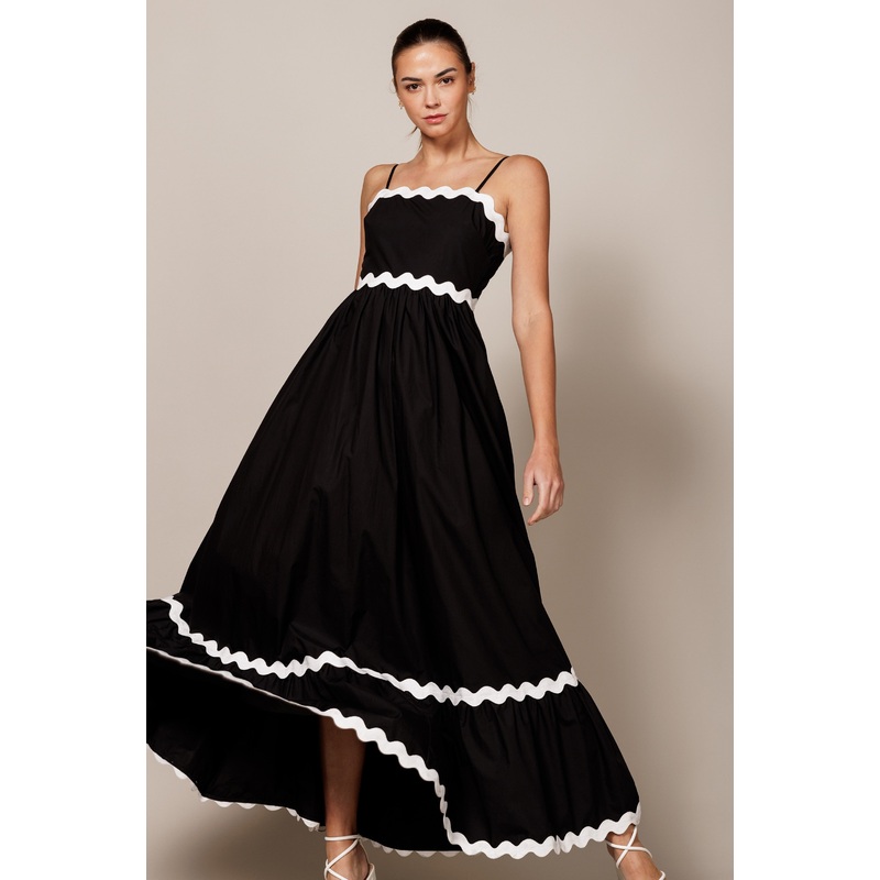 Black Contrast Wavy Trim Maxi Dress