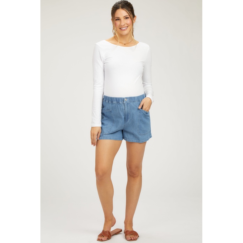 Blue Elastic Waist Maternity Denim Shorts