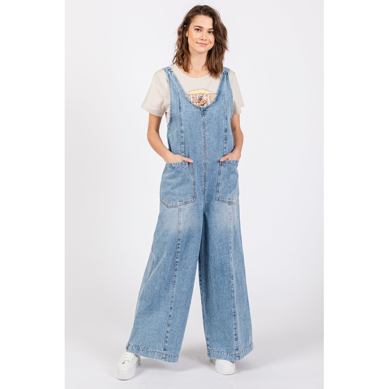 Blue Round Neck Wide Leg Overalls