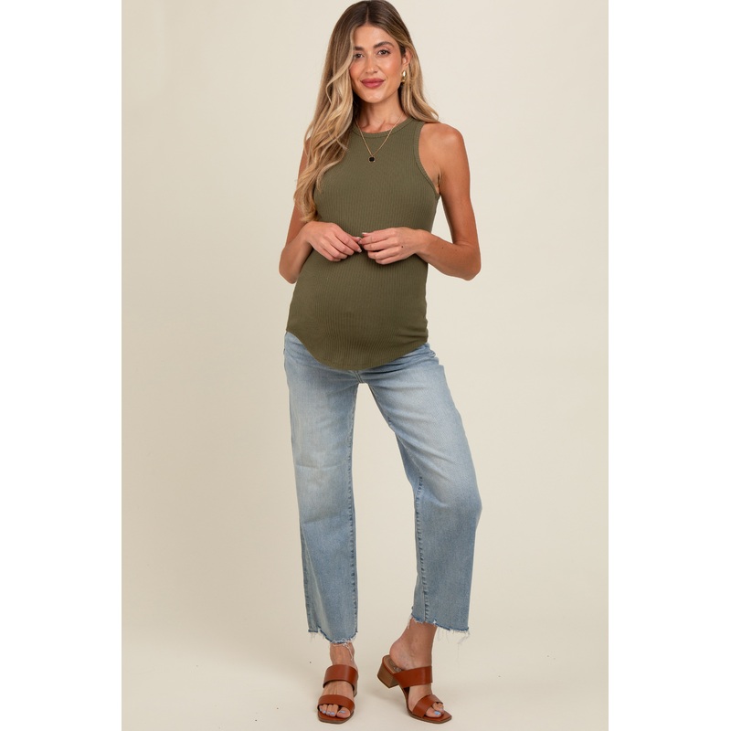 Light Blue Distressed Hem Maternity Straight Leg Jeans