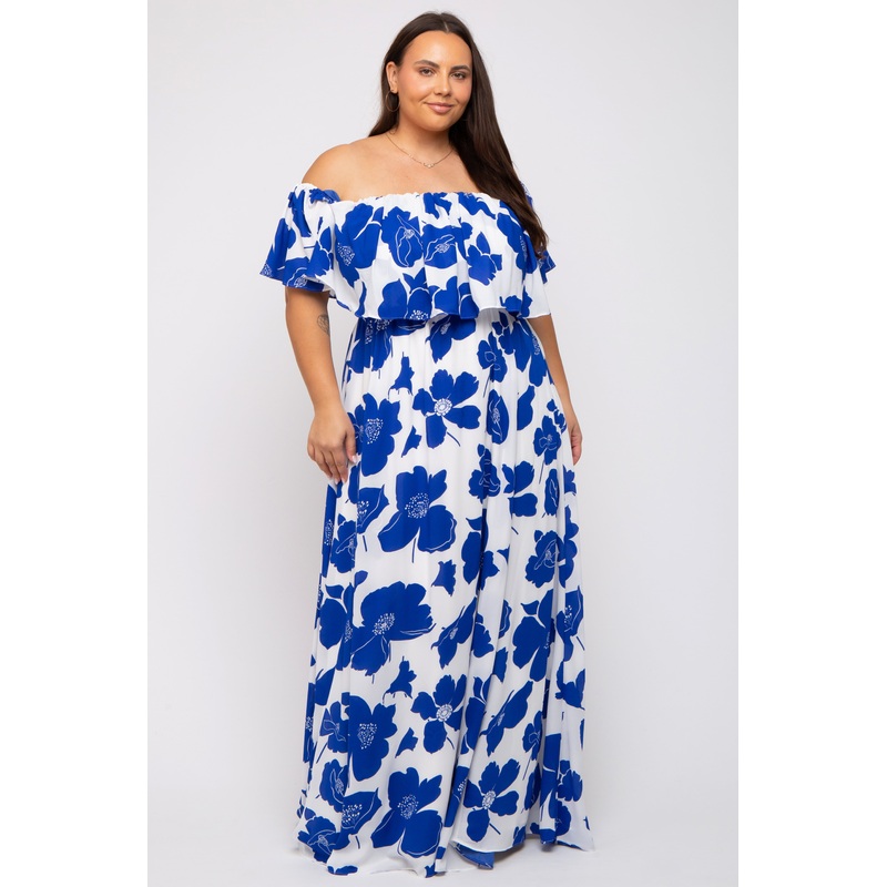White Floral Off Shoulder Plus Maxi Dress
