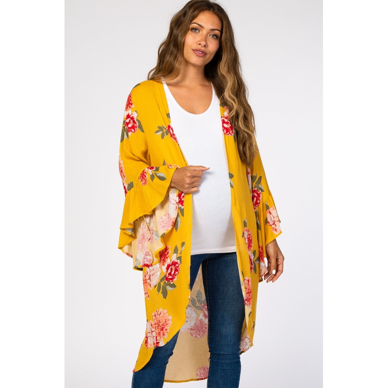 Yellow Floral Long Sleeve Maternity Cover Up