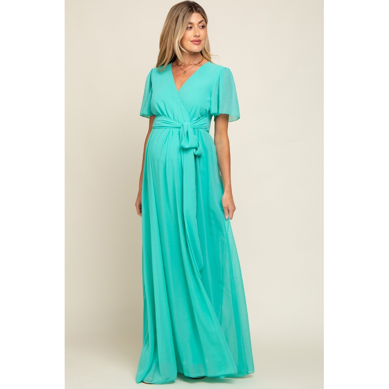 Aqua Chiffon Wrap Front Short Sleeve Maternity Maxi Dress