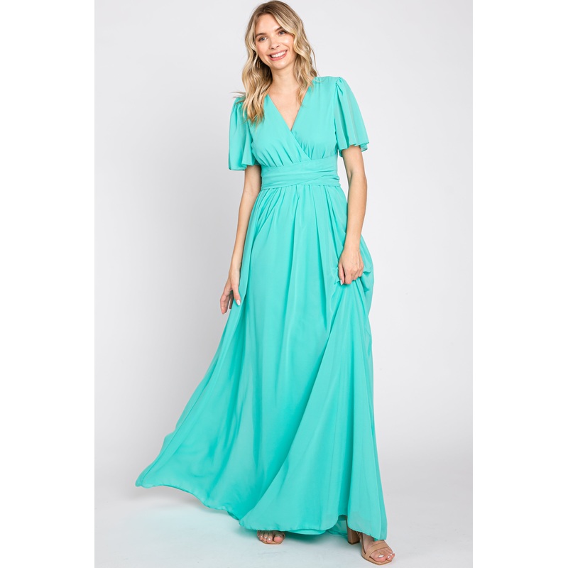 Aqua Chiffon Wrap Front Short Sleeve Maxi Dress