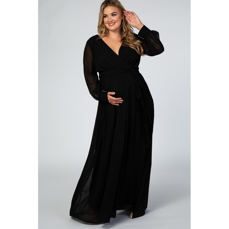 Black Chiffon Long Sleeve Pleated Plus Maternity Maxi Dress