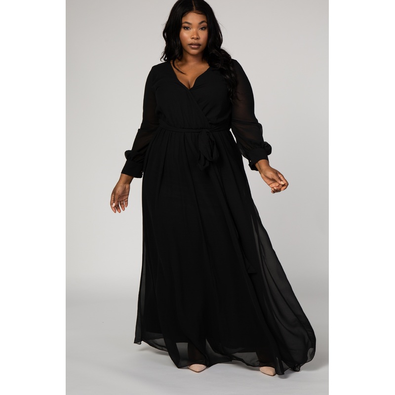 Black Chiffon Long Sleeve Pleated Plus Maxi Dress