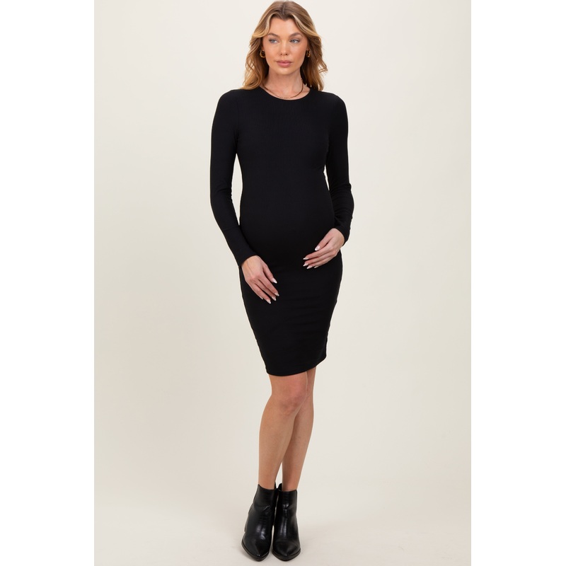 Black Crew Neck Double Layered Rib Maternity Mini Dress