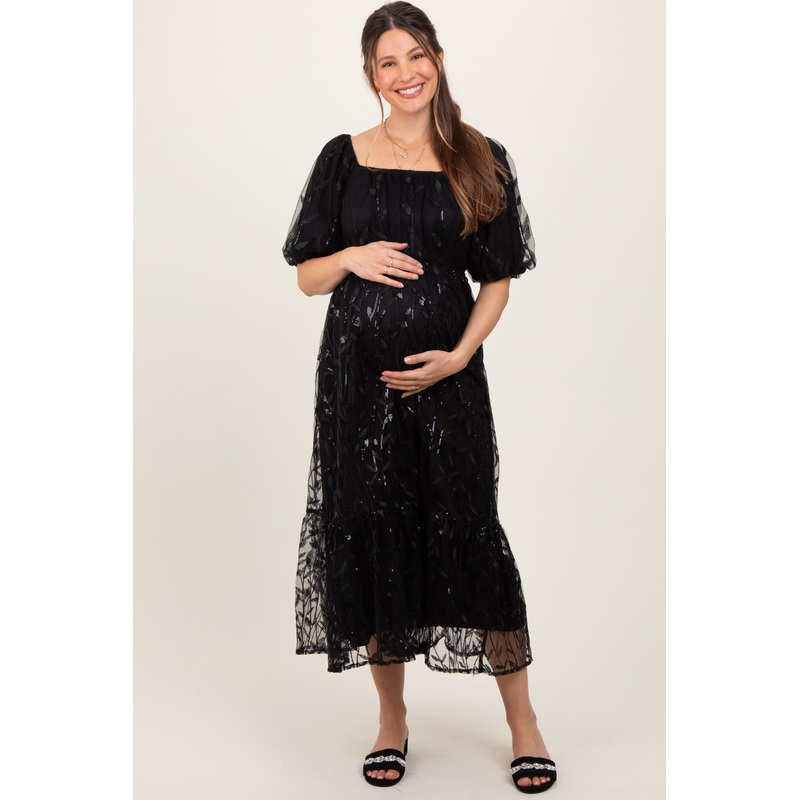 Black Embroidered Sequin Detail Mesh Overlay Maternity Maxi Dress