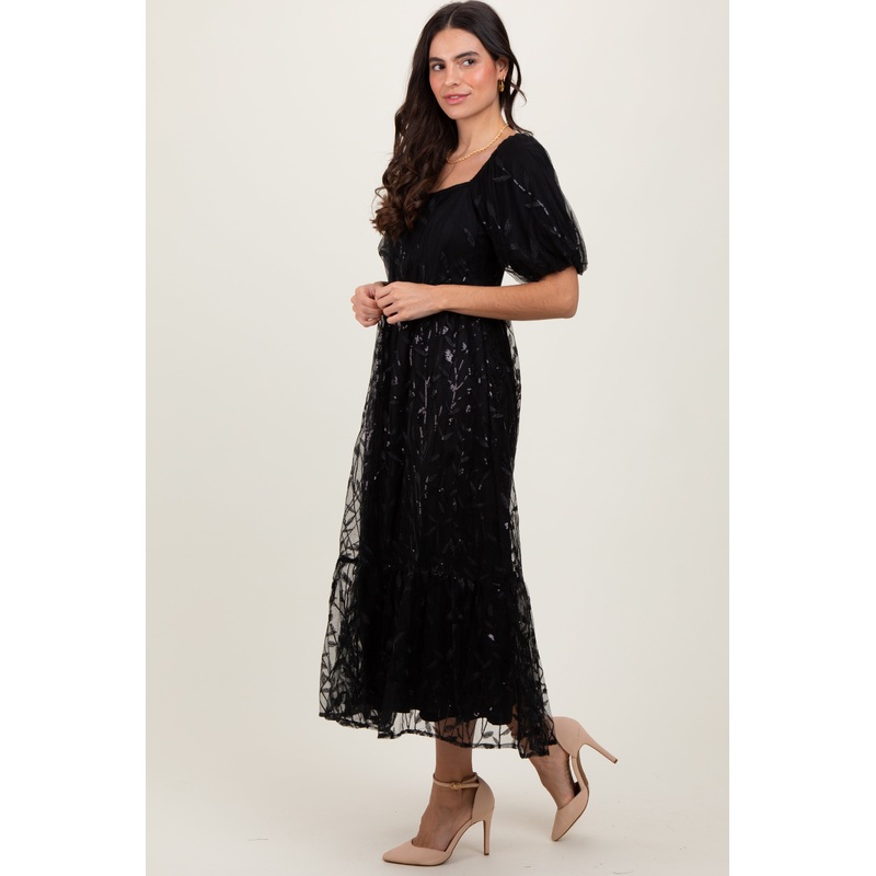 Black Embroidered Sequin Detail Mesh Overlay Maxi Dress