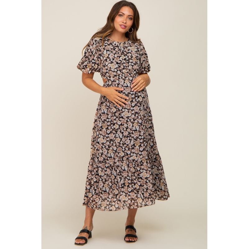 Black Floral Chiffon Back Cutout Short Puff Sleeve Maternity Midi Dress