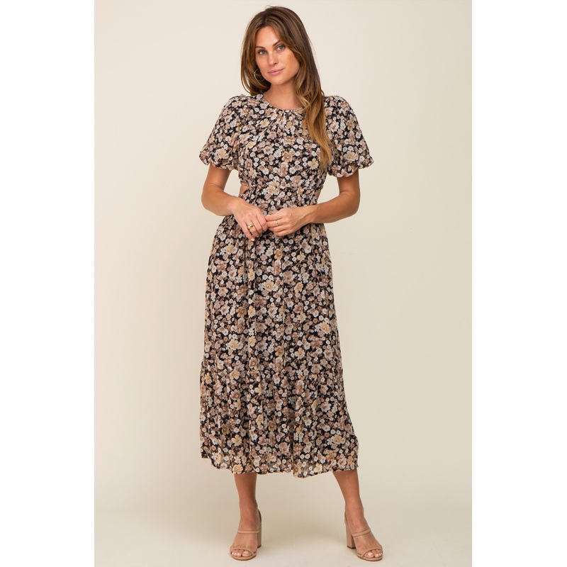 Black Floral Chiffon Back Cutout Short Puff Sleeve Midi Dress