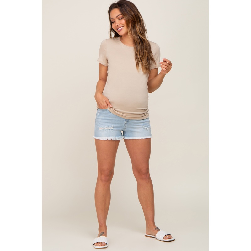 Light Blue Distressed Denim Maternity Shorts