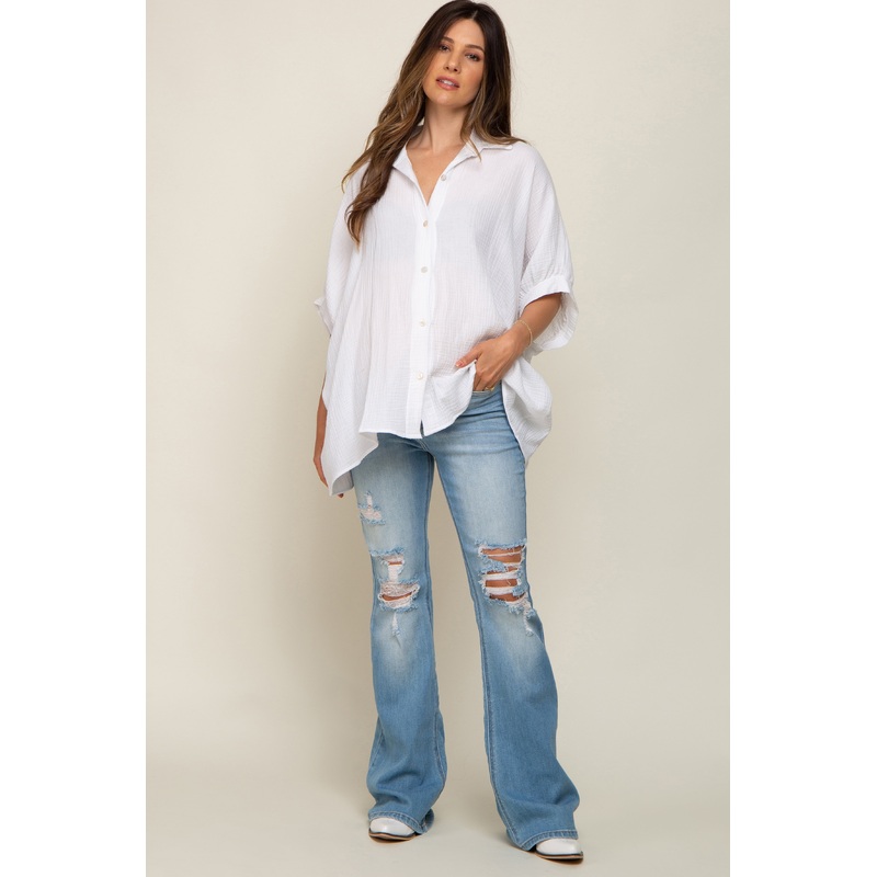 Light Blue Distressed Flare Maternity Jeans