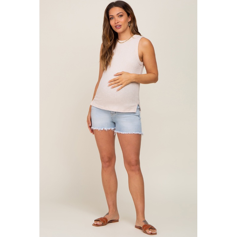Light Wash Frayed Hem Maternity Denim Shorts