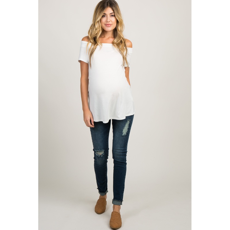 PinkBlush Navy Blue Distressed Cuffed Maternity Denim Jeans