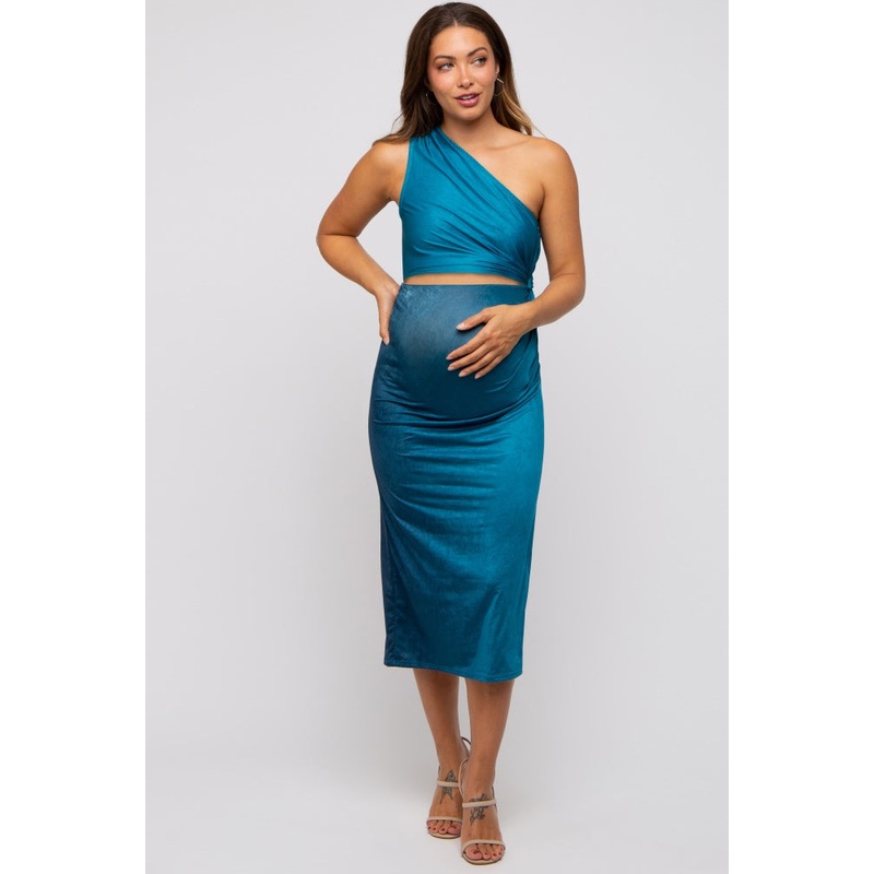 Teal One Shoulder Side Cutout Ruched Maternity Midi Dress