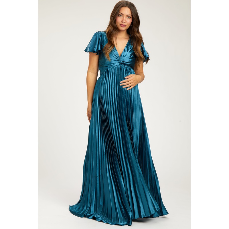 Teal Short Sleeve Pleated Tie Back Maternity Maxi Dress