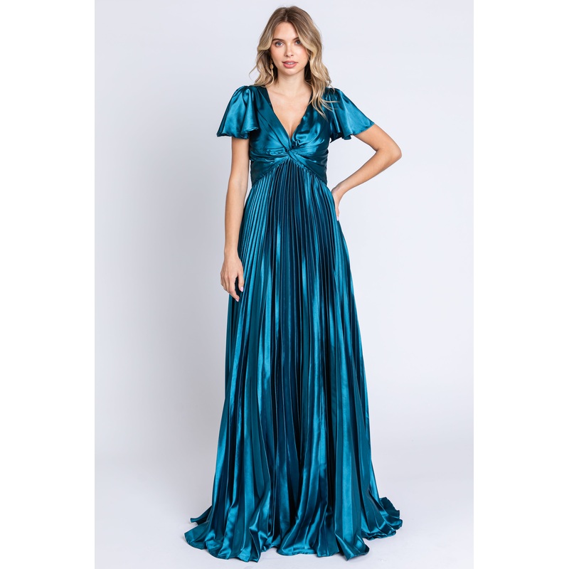 Teal Short Sleeve Pleated Tie Back Maxi Dress