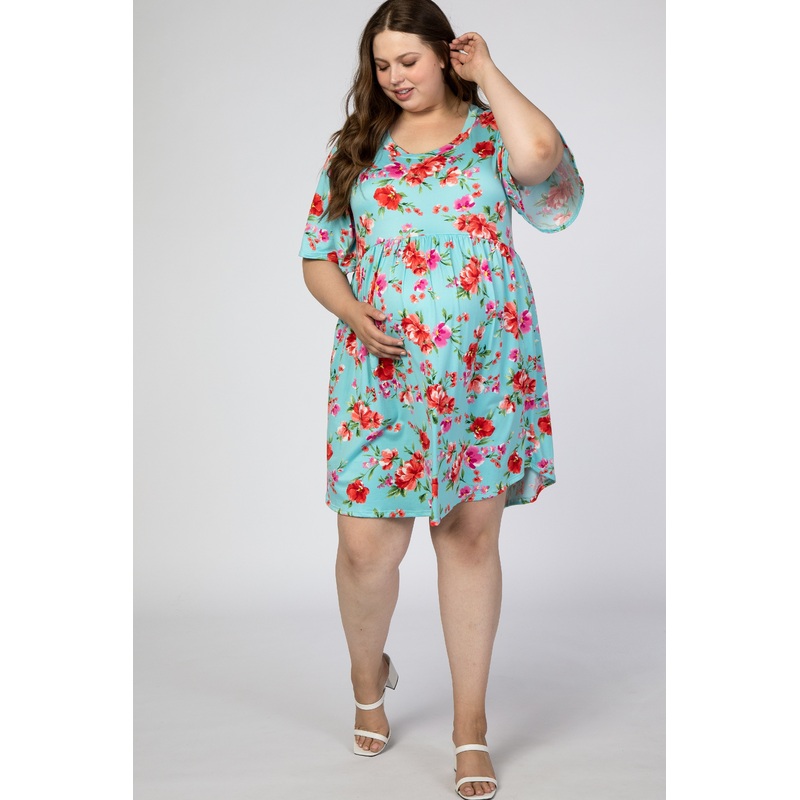 Aqua Floral Printed Maternity Plus Dress