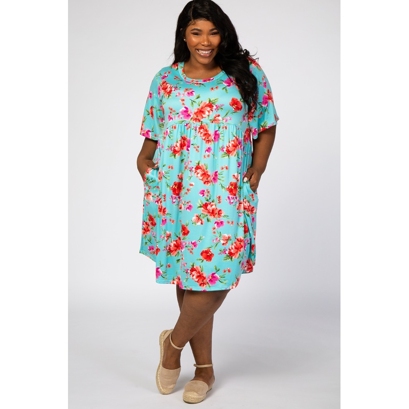 Aqua Floral Printed Plus Dress