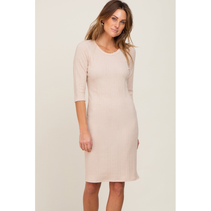 Beige Rib Knit 3/4 Sleeve Dress