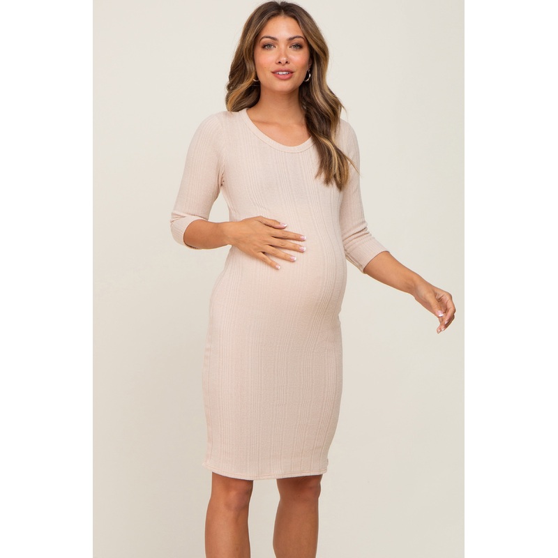 Beige Rib Knit 3/4 Sleeve Maternity Dress
