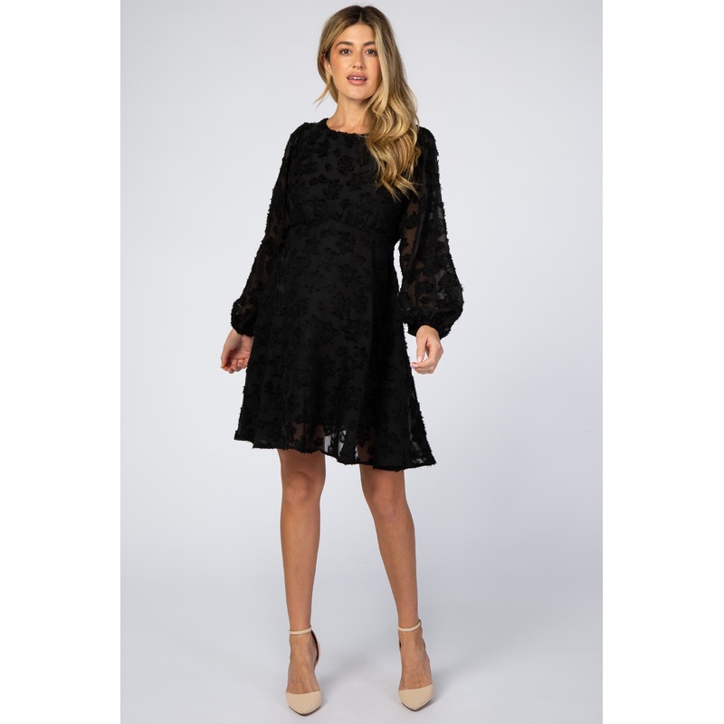 Black Chiffon Flocked Floral Petite Maternity Dress