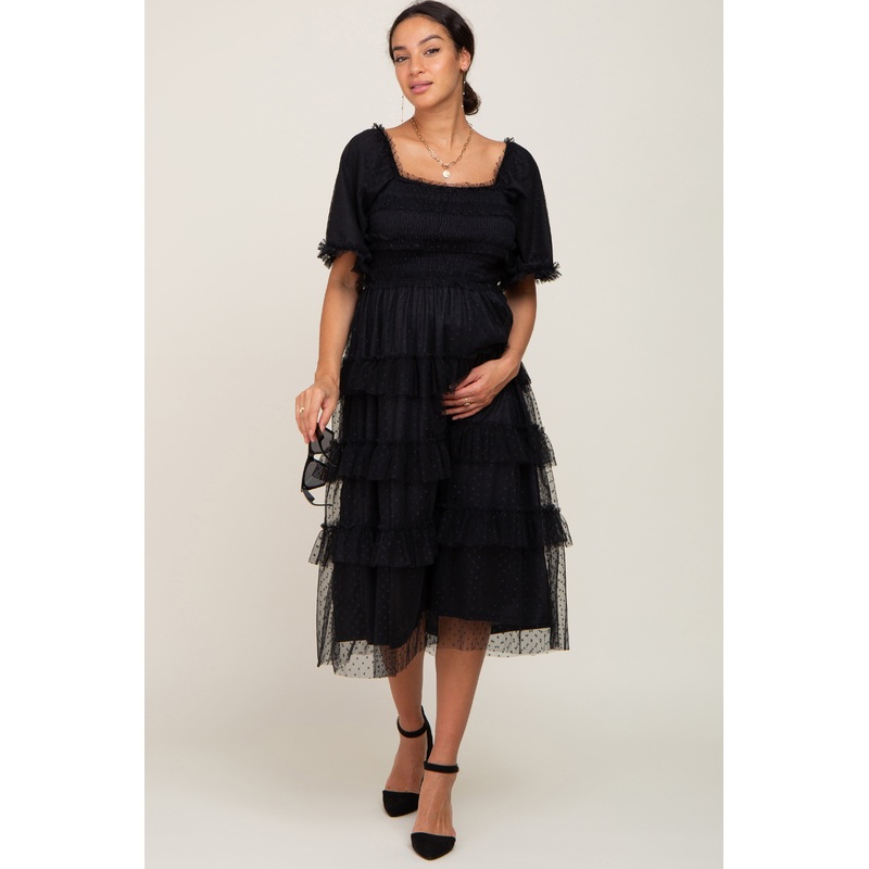 Black Dot Smocked Ruffle Tiered Maternity Midi Dress