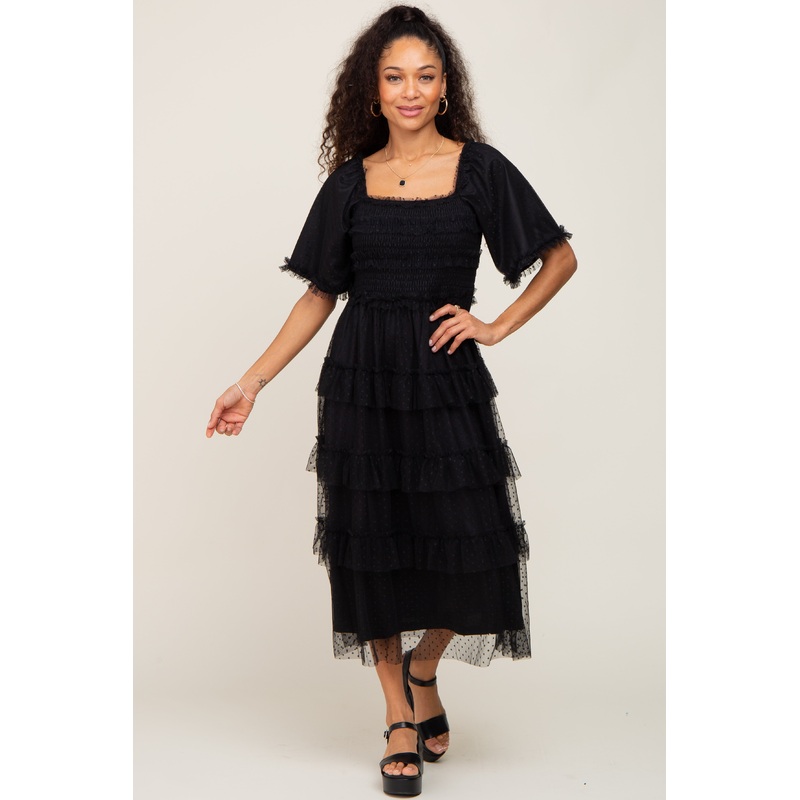 Black Dot Smocked Ruffle Tiered Midi Dress