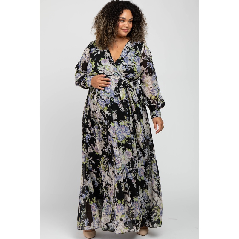 Black Floral Chiffon Maternity Plus Maxi Dress