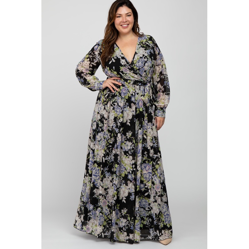 Black Floral Chiffon Plus Maxi Dress