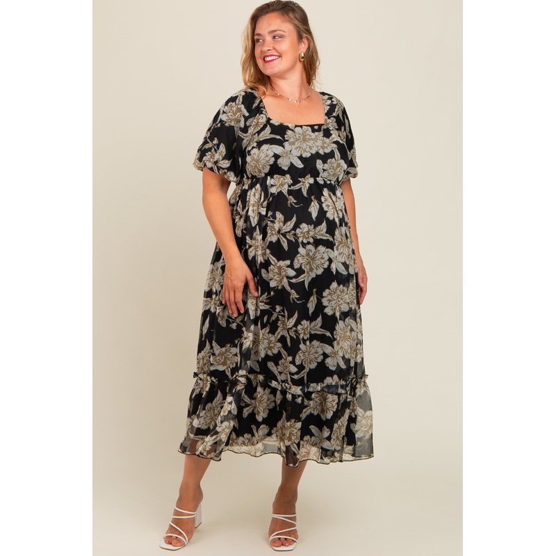 Black Floral Chiffon Ruffle Hem Maternity Plus Midi Dress