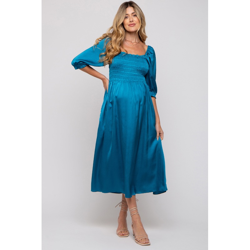 Turquoise Satin Smocked Maternity Midi Dress