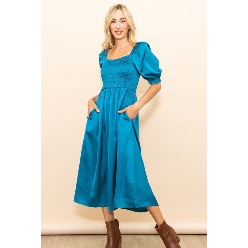 Turquoise Satin Smocked Midi Dress