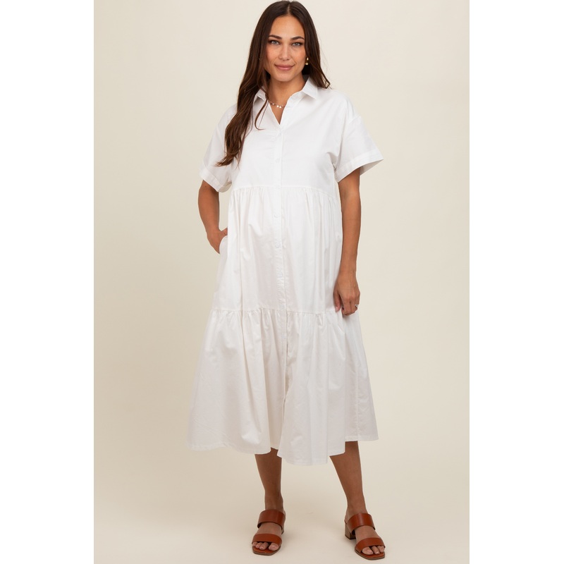 White Tiered Button Down Maternity Midi Dress
