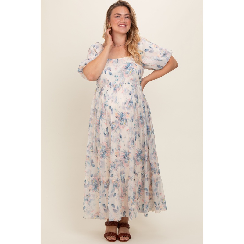 Beige Floral Puff Sleeve Plus Maternity Maxi Dress