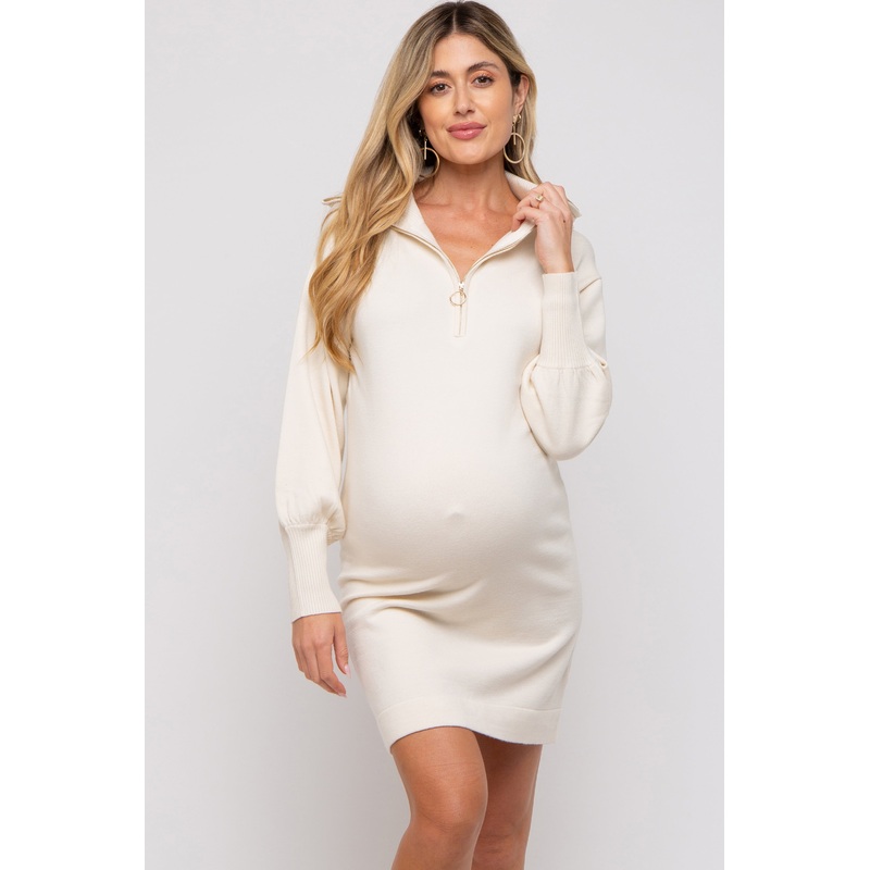 Beige Knit Half Zip Maternity Mini Dress