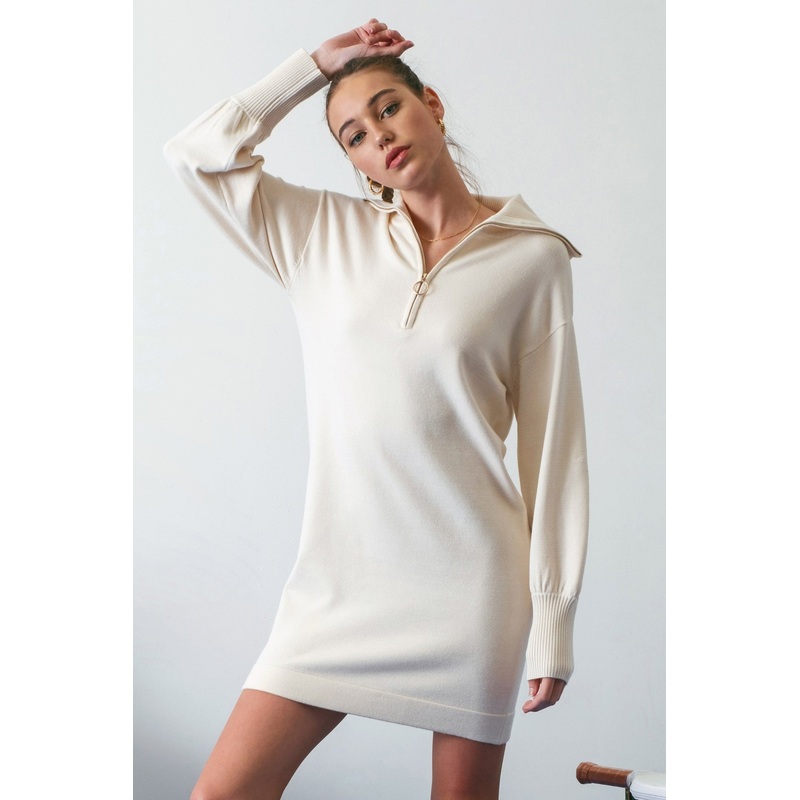 Beige Knit Half Zip Mini Dress